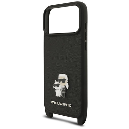 Custodia per Apple iPhone 18 Pro Max / 17 Pro Max, Karl Lagerfeld, Saffiano Crossbody Metal Pin Karl & Choupette, nera