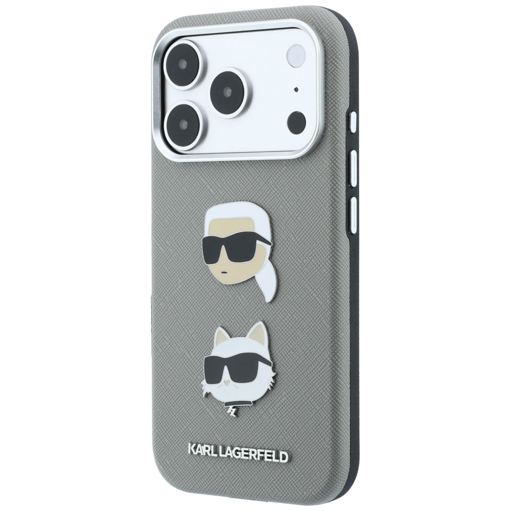 Custodia per Apple iPhone 18 Pro Max / 17 Pro Max, Karl Lagerfeld, Saffiano con spilla con le teste di Karl e Choupette e logo, grigia
