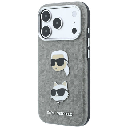 Custodia per Apple iPhone 18 Pro Max / 17 Pro Max, Karl Lagerfeld, Saffiano con spilla con le teste di Karl e Choupette e logo, grigia