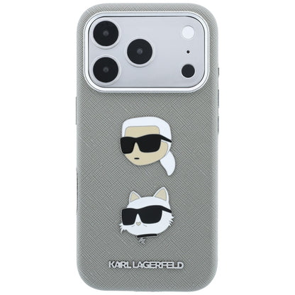 Custodia per Apple iPhone 18 Pro Max / 17 Pro Max, Karl Lagerfeld, Saffiano con spilla con le teste di Karl e Choupette e logo, grigia