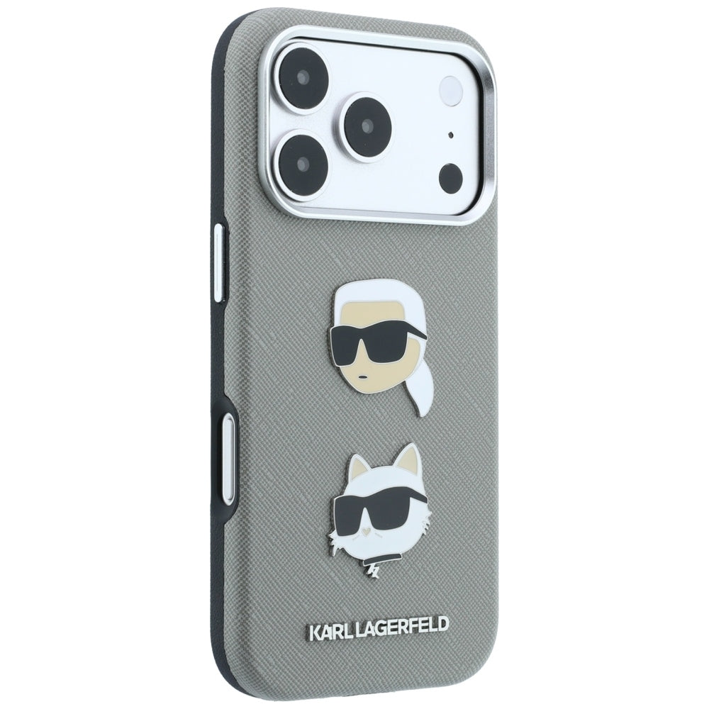 Custodia per Apple iPhone 18 Pro Max / 17 Pro Max, Karl Lagerfeld, Saffiano con spilla con le teste di Karl e Choupette e logo, grigia