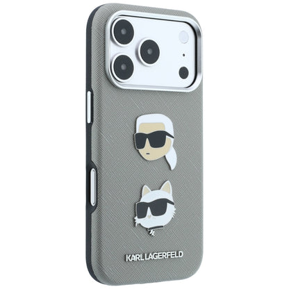 Custodia per Apple iPhone 18 Pro Max / 17 Pro Max, Karl Lagerfeld, Saffiano con spilla con le teste di Karl e Choupette e logo, grigia