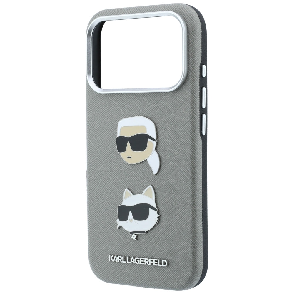 Custodia per Apple iPhone 18 Pro Max / 17 Pro Max, Karl Lagerfeld, Saffiano con spilla con le teste di Karl e Choupette e logo, grigia