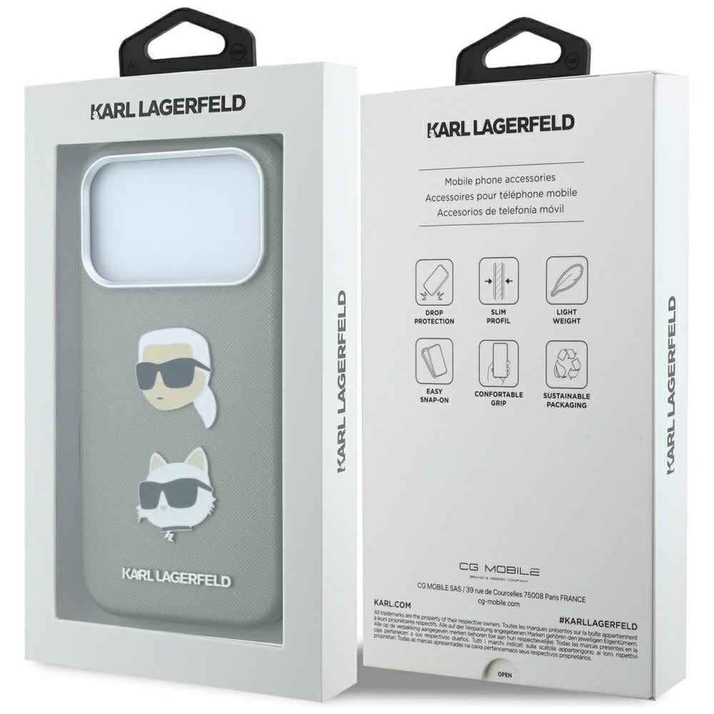 Custodia per Apple iPhone 18 Pro Max / 17 Pro Max, Karl Lagerfeld, Saffiano con spilla con le teste di Karl e Choupette e logo, grigia