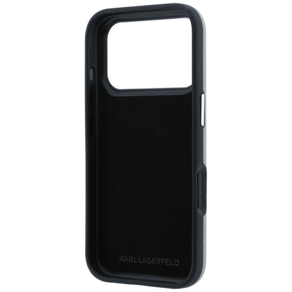 Custodia per Apple iPhone 18 Pro Max / 17 Pro Max, Karl Lagerfeld, Saffiano con spilla con le teste di Karl e Choupette e logo, grigia