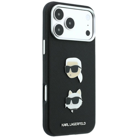 Custodia per Apple iPhone 18 Pro Max / 17 Pro Max, Karl Lagerfeld, Saffiano con Spilla Testa di Karl & Choupette e Logo, Nera