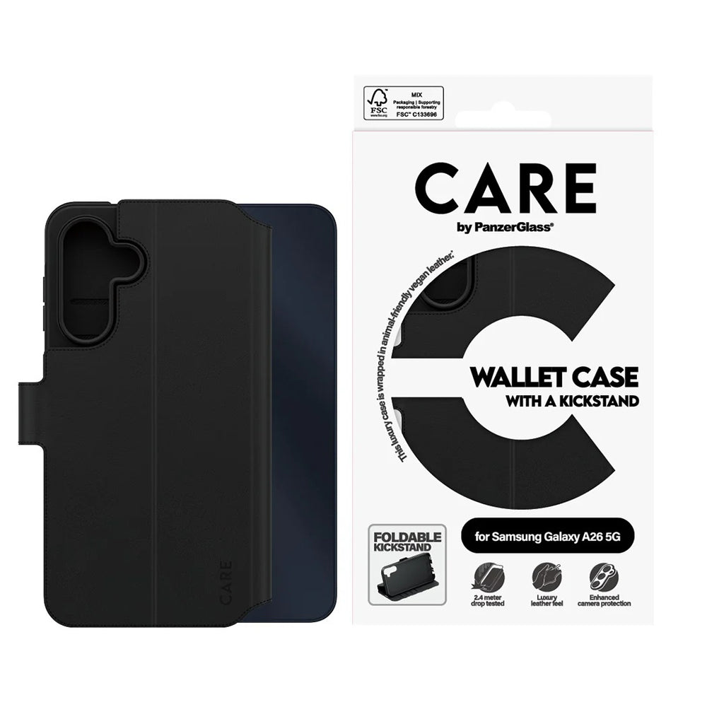 Custodia per Samsung Galaxy A26 A266, PanzerGlass, Care Feature Kickstand Wallet, Nera