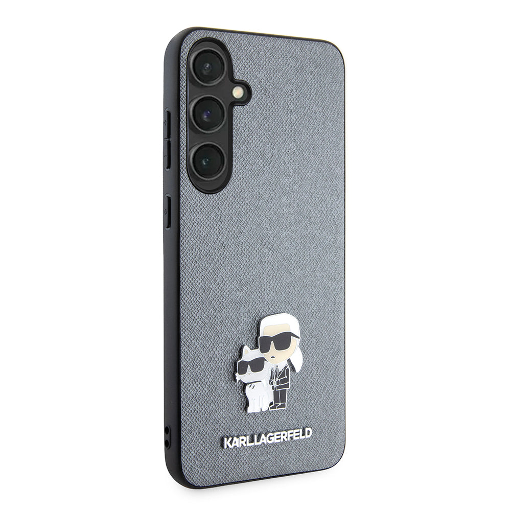 Custodia per Samsung Galaxy S24+ S926, Karl Lagerfeld, Saffiano Karl & Choupette Metal, Grigio