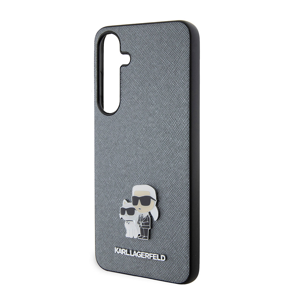 Custodia per Samsung Galaxy S24+ S926, Karl Lagerfeld, Saffiano Karl & Choupette Metal, Grigio