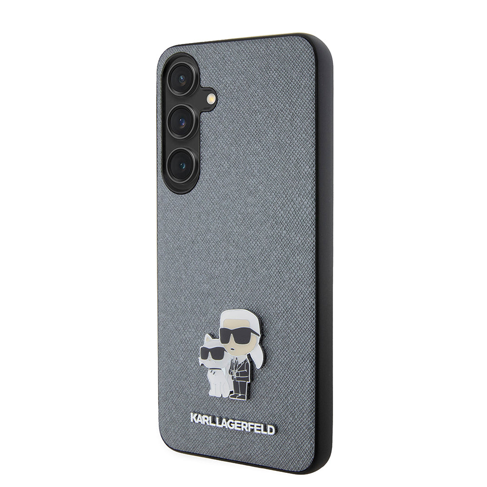 Custodia per Samsung Galaxy S24+ S926, Karl Lagerfeld, Saffiano Karl & Choupette Metal, Grigio