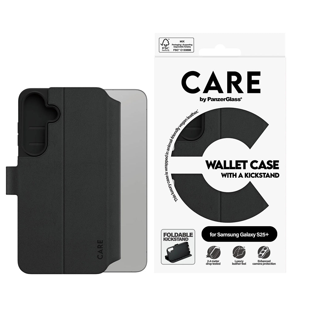 Custodia per Samsung Galaxy S25+ S936, PanzerGlass, Care Feature Kickstand Wallet, Nera
