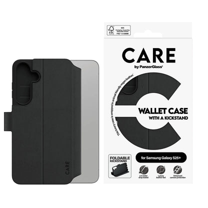 Custodia per Samsung Galaxy S25+ S936, PanzerGlass, Care Feature Kickstand Wallet, Nera