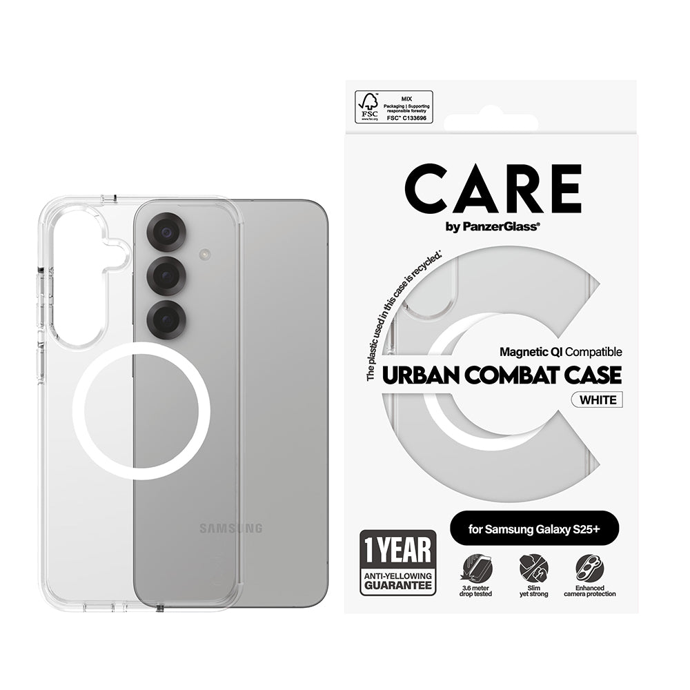 Custodia per Samsung Galaxy S25+ S936, PanzerGlass, Care Urban Combat, Trasparente Bianca
