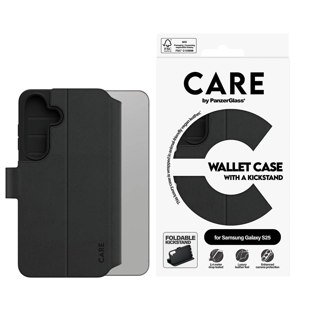 Custodia per Samsung Galaxy S25 S931, PanzerGlass, Care Feature Kickstand Wallet, Nera