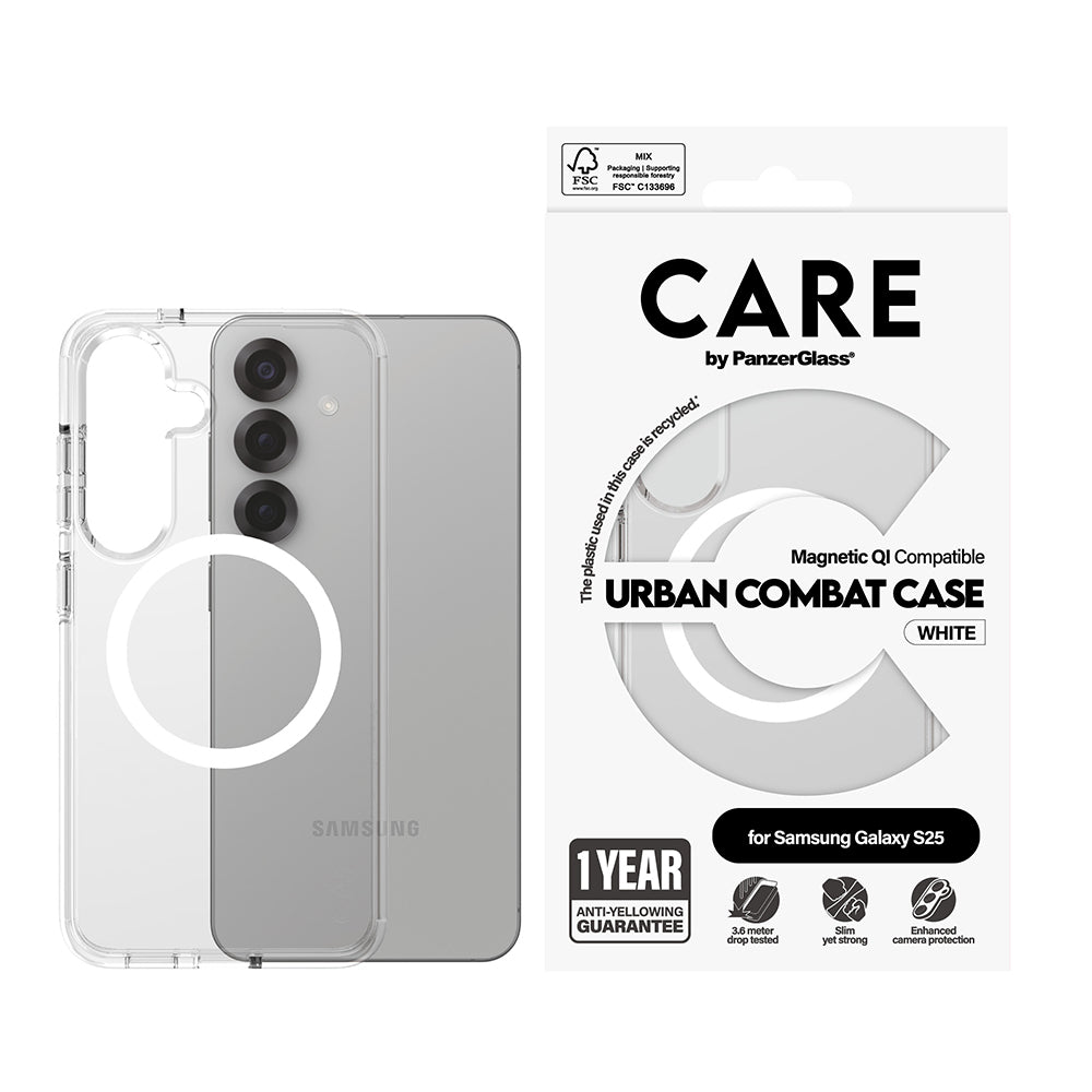Custodia per Samsung Galaxy S25 S931, PanzerGlass, Care Urban Combat, Trasparente Bianca