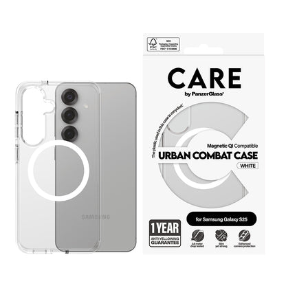 Custodia per Samsung Galaxy S25 S931, PanzerGlass, Care Urban Combat, Trasparente Bianca
