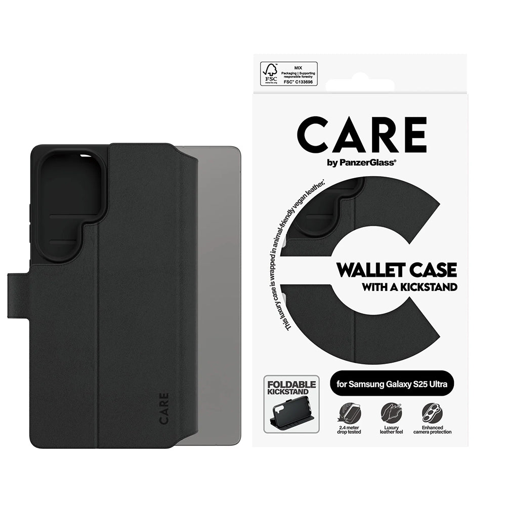Custodia per Samsung Galaxy S25 Ultra S938, PanzerGlass, Care Feature Kickstand Wallet, Nera