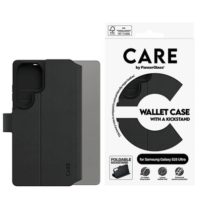 Custodia per Samsung Galaxy S25 Ultra S938, PanzerGlass, Care Feature Kickstand Wallet, Nera