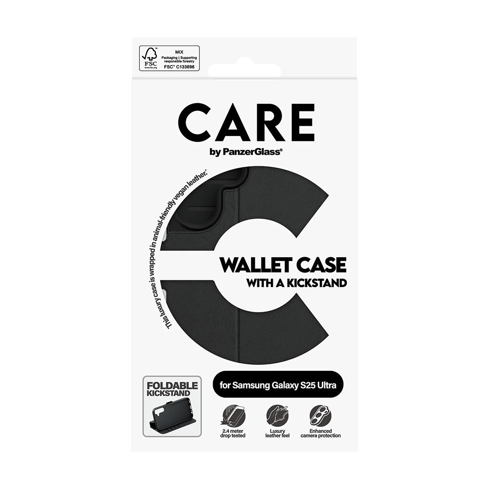 Custodia per Samsung Galaxy S25 Ultra S938, PanzerGlass, Care Feature Kickstand Wallet, Nera
