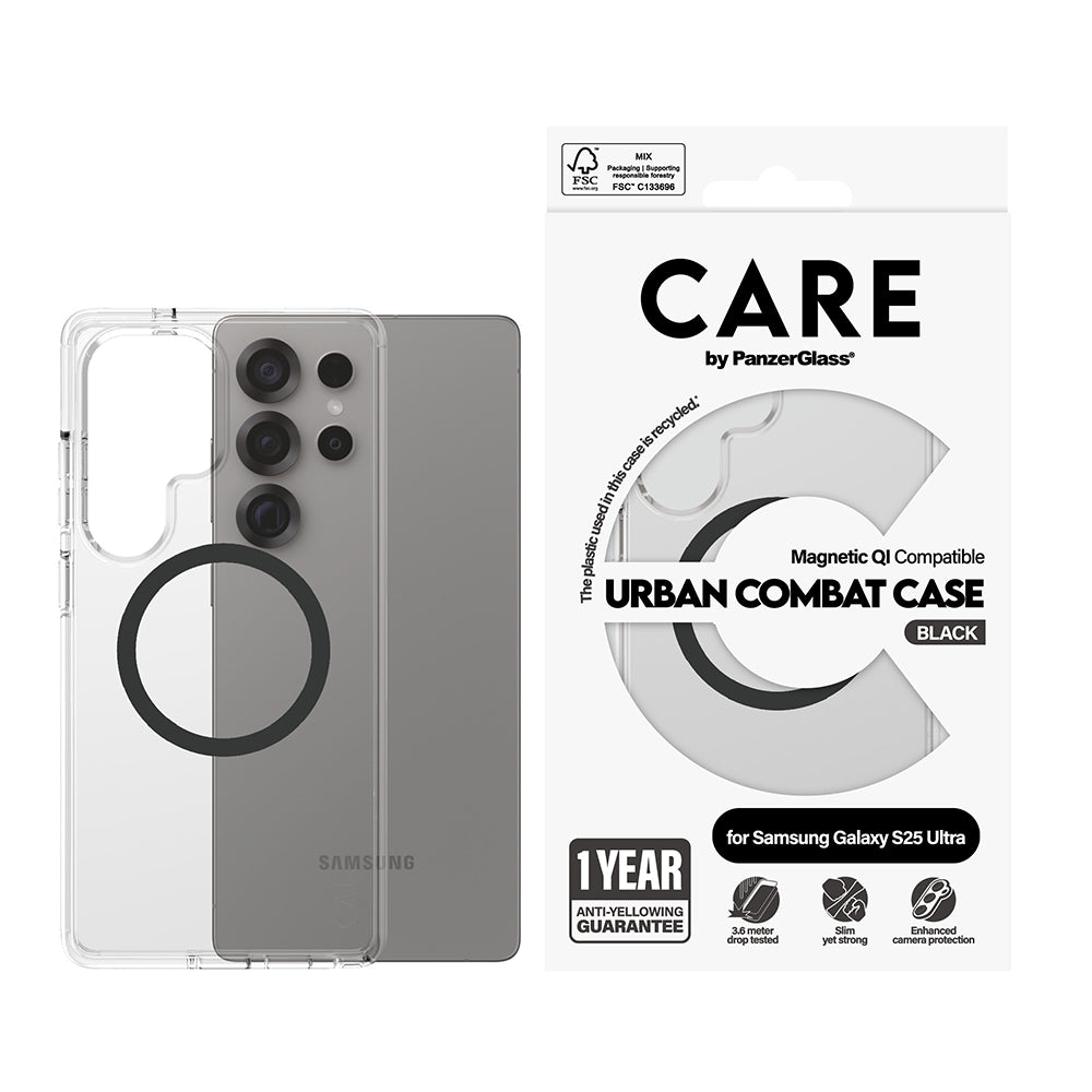 Custodia per Samsung Galaxy S25 Ultra S938, PanzerGlass, Care Urban Combat, Trasparente Nera