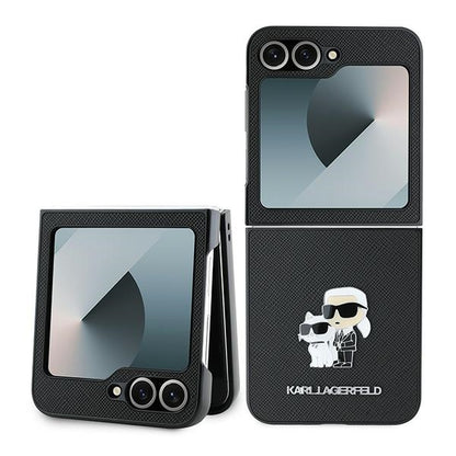 Custodia per Samsung Galaxy Z Flip7 FE F761 / Z Flip6 F741, Karl Lagerfeld, Saffiano Karl & Choupette Metal, Nera