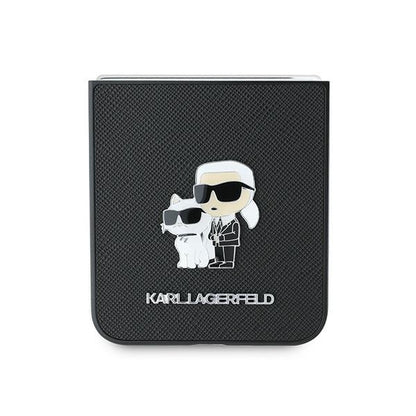Custodia per Samsung Galaxy Z Flip7 FE F761 / Z Flip6 F741, Karl Lagerfeld, Saffiano Karl & Choupette Metal, Nera