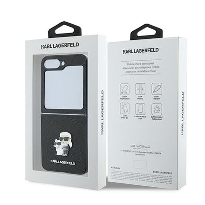 Custodia per Samsung Galaxy Z Flip7 FE F761 / Z Flip6 F741, Karl Lagerfeld, Saffiano Karl & Choupette Metal, Nera