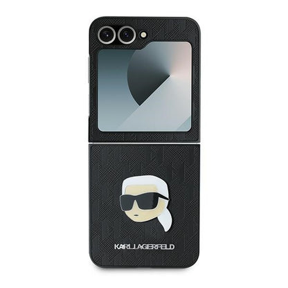 Custodia per Samsung Galaxy Z Flip7 FE F761 / Z Flip6 F741, Karl Lagerfeld, Saffiano Monogram Karl's Head Metal, Nera
