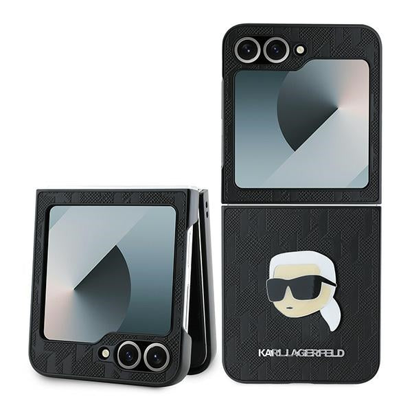 Custodia per Samsung Galaxy Z Flip7 FE F761 / Z Flip6 F741, Karl Lagerfeld, Saffiano Monogram Karl's Head Metal, Nera