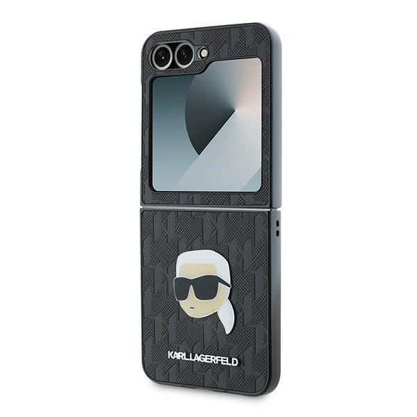 Custodia per Samsung Galaxy Z Flip7 FE F761 / Z Flip6 F741, Karl Lagerfeld, Saffiano Monogram Karl's Head Metal, Nera