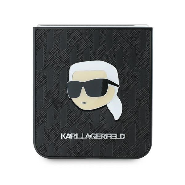 Custodia per Samsung Galaxy Z Flip7 FE F761 / Z Flip6 F741, Karl Lagerfeld, Saffiano Monogram Karl's Head Metal, Nera