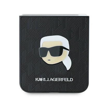 Custodia per Samsung Galaxy Z Flip7 FE F761 / Z Flip6 F741, Karl Lagerfeld, Saffiano Monogram Karl's Head Metal, Nera