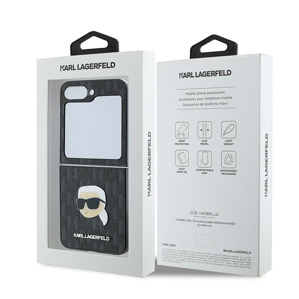 Custodia per Samsung Galaxy Z Flip7 FE F761 / Z Flip6 F741, Karl Lagerfeld, Saffiano Monogram Karl's Head Metal, Nera