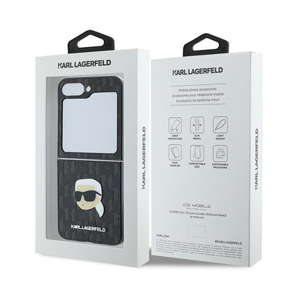 Custodia per Samsung Galaxy Z Flip7 FE F761 / Z Flip6 F741, Karl Lagerfeld, Saffiano Monogram Karl's Head Metal, Nera