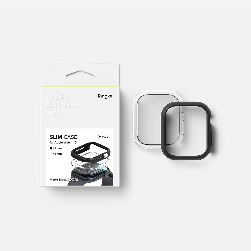 Custodia Ringke Slim per Apple Watch Series 10 / 11 42mm, Set da 2 pezzi, Nero Opaco / Trasparente