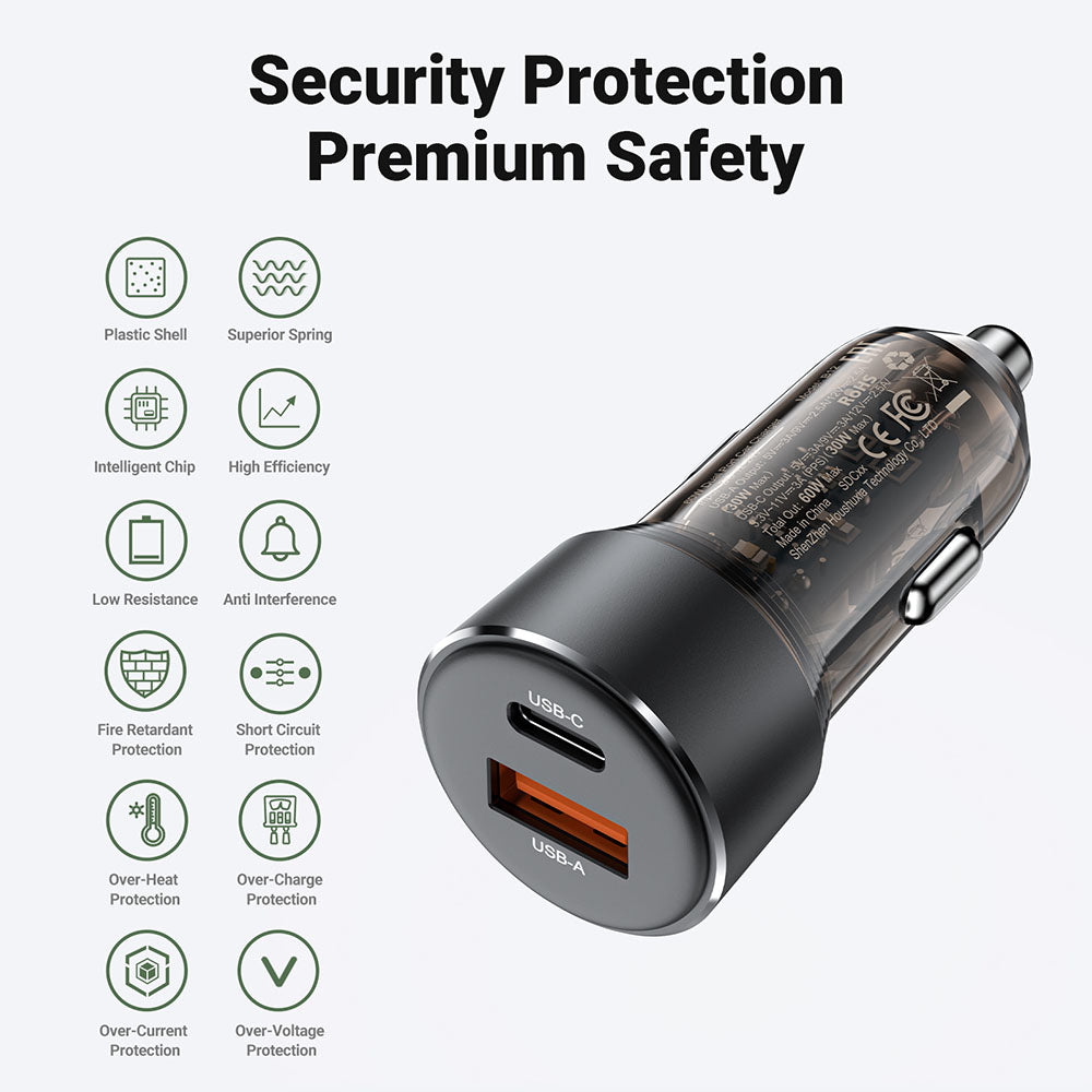 Caricabatterie Auto Acefast B12, 60W, 3A, 1 x USB-A - 1 x USB-C, Nero