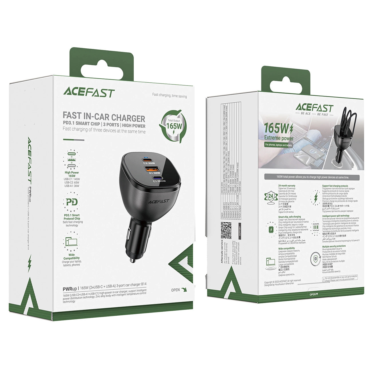 Caricabatterie Auto Acefast B14, 165W, 5A, 1 x USB-A - 2 x USB-C, Nero