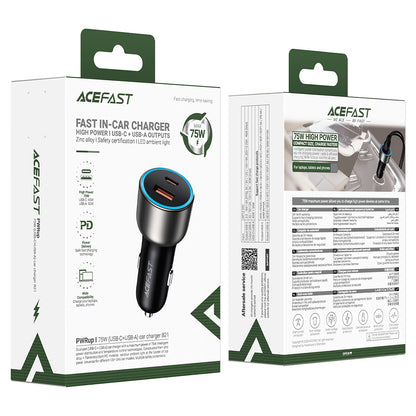 Caricatore Auto Acefast B21, 75W, 3A, 1 x USB-A - 1 x USB-C, Grigio