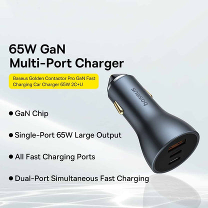 Caricabatterie Auto Baseus Golden Contactor Pro, 65W, 3A, 1 x USB-A - 2 x USB-C, Grigio C00035202841-00
