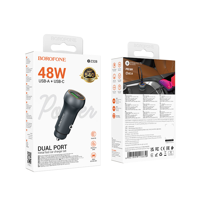 Caricabatterie Auto Borofone BZ32B Fresh, 48W, 3A, 1 x USB-A - 1 x USB-C, Grigio