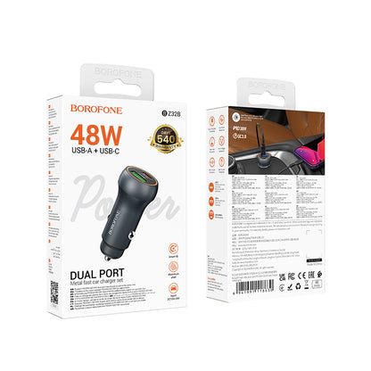 Caricabatterie Auto Borofone BZ32B Fresh, 48W, 3A, 1 x USB-A - 1 x USB-C, Grigio