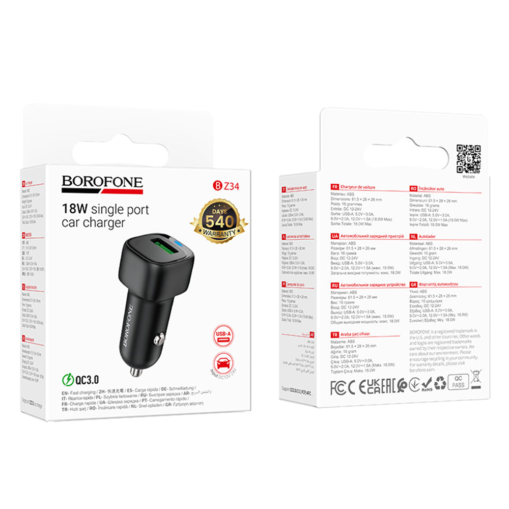 Caricabatterie Auto Borofone BZ34 Cloud, 18W, 3A, 1 x USB-A, Nero