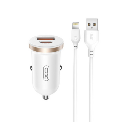 Caricabatterie Auto Con Cavo Lightning XO Design CC56, 30W, 3A, 1 x USB-A - 1 x USB-C, Bianco