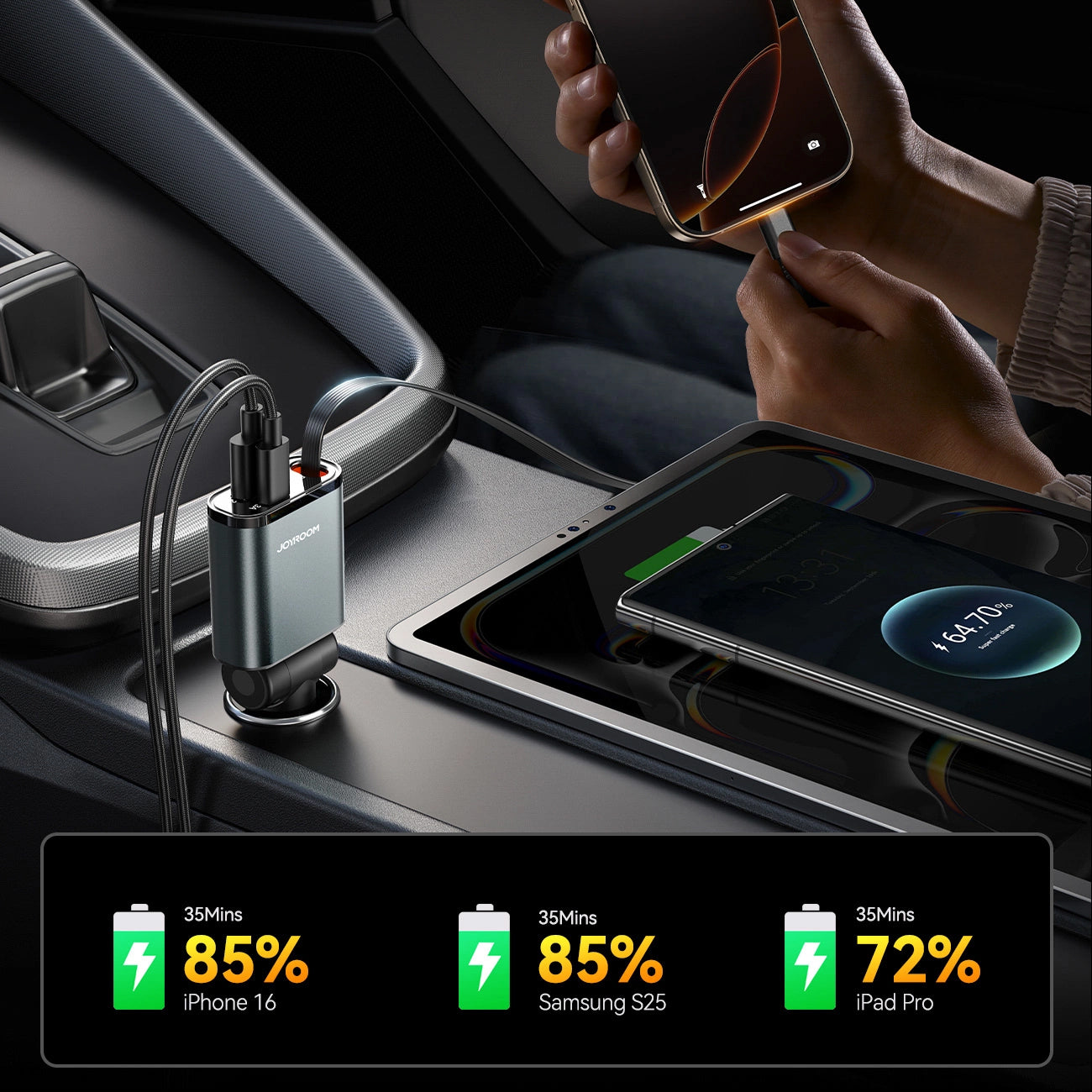 Caricabatterie Auto Con Cavo USB-C Joyroom JR-CCL07, 30W, 3A, 1 x USB-A - 1 x USB-C, Grigio