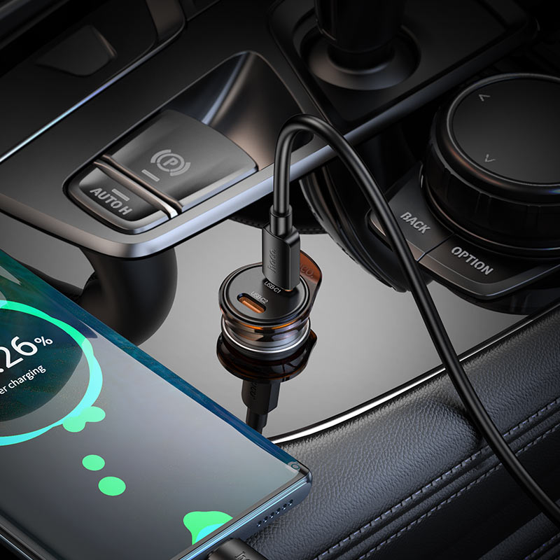 Caricabatterie Auto Con Cavo Lightning HOCO NZ16B, 45W, 3A, 2 x USB-C, Grigio