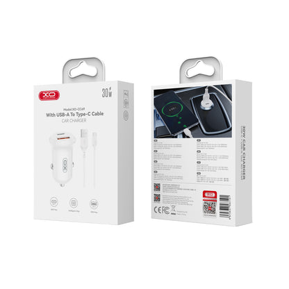 Caricabatterie Auto Con Cavo USB-C XO Design CC69, 30W, 3A, 1 x USB-A - 1 x USB-C, Bianco