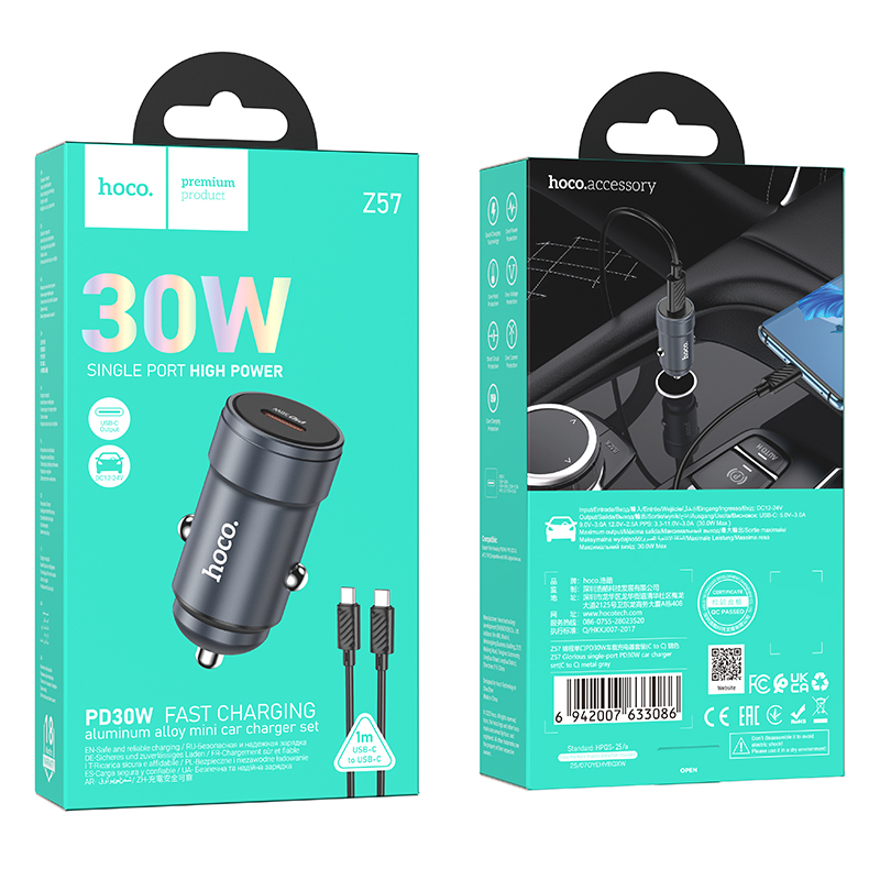 Caricatore Auto Con Cavo USB-C HOCO Z57, 30W, 3A, 1 x USB-C, Grigio