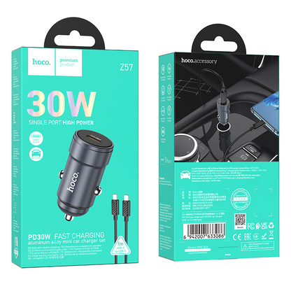 Caricatore Auto Con Cavo USB-C HOCO Z57, 30W, 3A, 1 x USB-C, Grigio