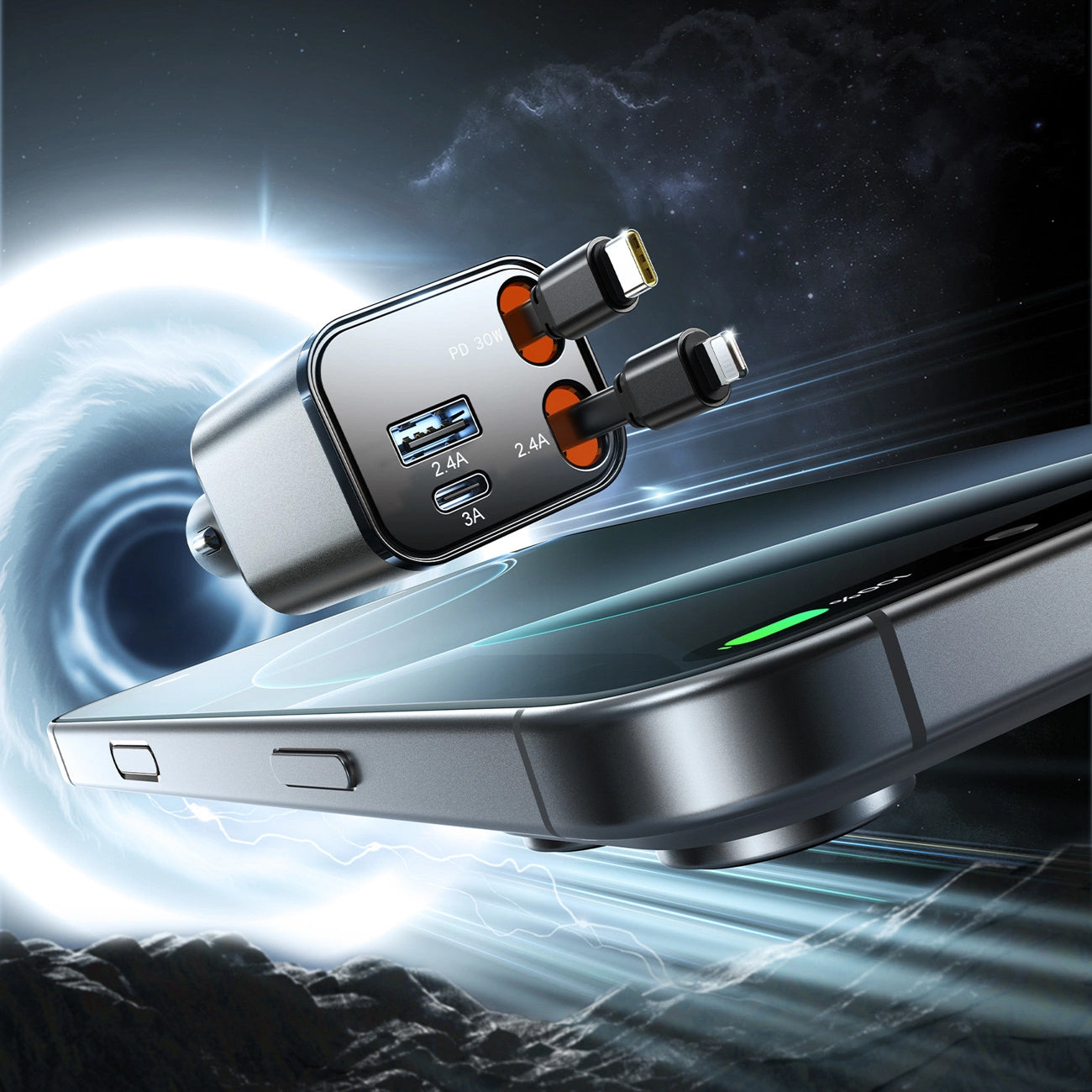 Caricabatterie Auto Con Cavo USB-C / Lightning Joyroom JR-CCL05, 30W, 3A, 1 x USB-A - 1 x USB-C, Grigio
