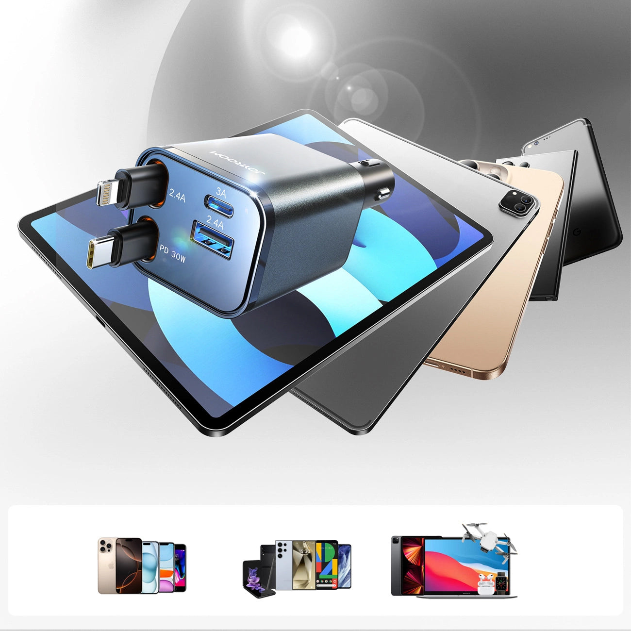 Caricabatterie Auto Con Cavo USB-C / Lightning Joyroom JR-CCL05, 30W, 3A, 1 x USB-A - 1 x USB-C, Grigio